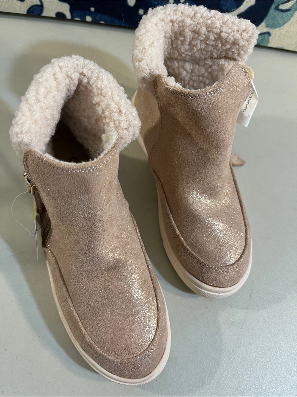 Cynthia Rowley Kids Taupe Glitter Suede Shearling Boots